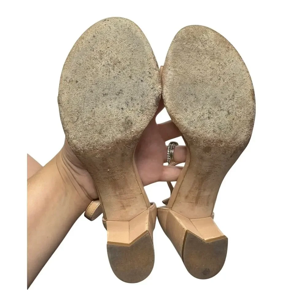 Stuart Weitzman Nude Leather Ankle Strap Block Heel Sandals 6 Flawed